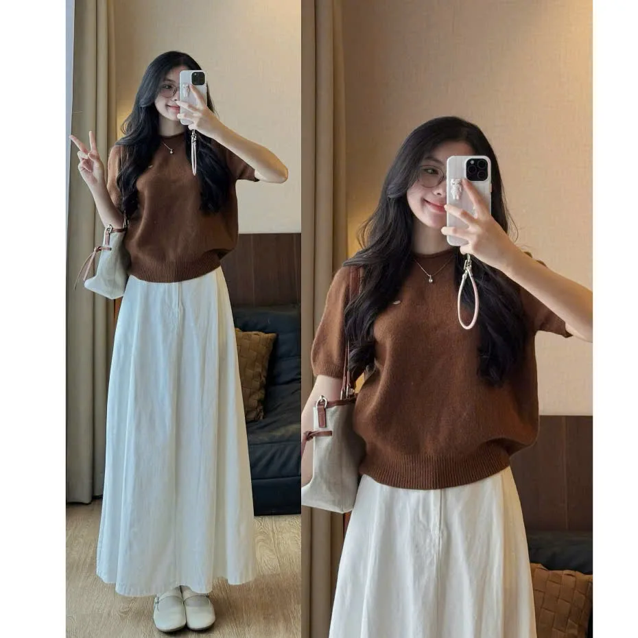 Áo len phối chân váy dài dịu dàng nữ tính
